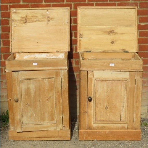 734 - A near pair of antique stripped pine side cabinets, both with fitted internal shelf.