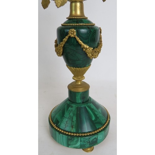 1 - A pair of antique French Malachite bronze Ormulu mounted candelabra each with rose form three branch... 