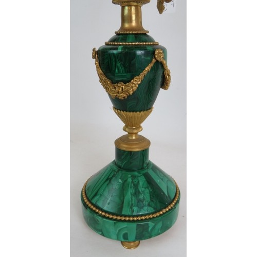 1 - A pair of antique French Malachite bronze Ormulu mounted candelabra each with rose form three branch... 