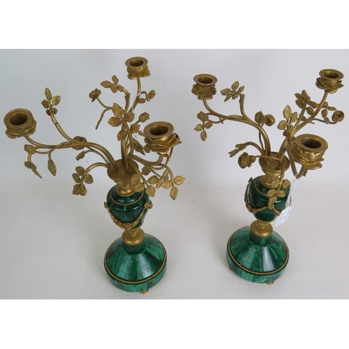 1 - A pair of antique French Malachite bronze Ormulu mounted candelabra each with rose form three branch... 