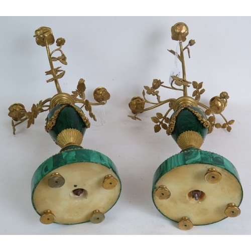 1 - A pair of antique French Malachite bronze Ormulu mounted candelabra each with rose form three branch... 