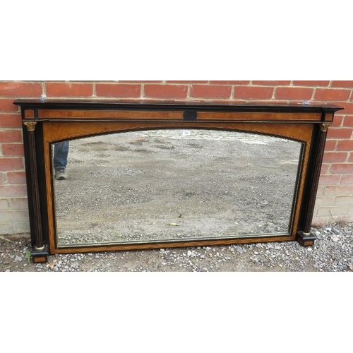 785 - A large early 20th century ebonised overmantle mirror brass bound & inlaid with burr walnut and sati... 