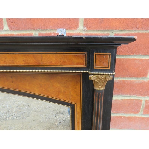 785 - A large early 20th century ebonised overmantle mirror brass bound & inlaid with burr walnut and sati... 