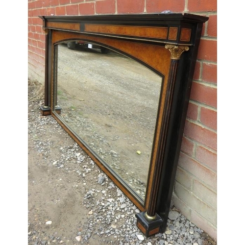 785 - A large early 20th century ebonised overmantle mirror brass bound & inlaid with burr walnut and sati... 