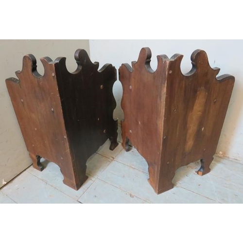 819 - A pair of 19th century ebonised wall hanging corner shelves with acanthus carved & scrolled cornices... 