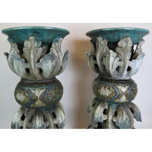 1 - A pair of antique highly ornate glazed stoneware Jardinière stands in the Chinese style both compris... 