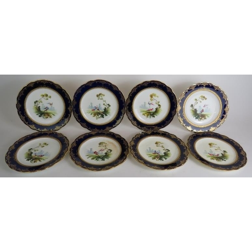 106 - Eight Coalport plates with hand painted game bird decoration and cobalt blue and gilt borders plus t... 