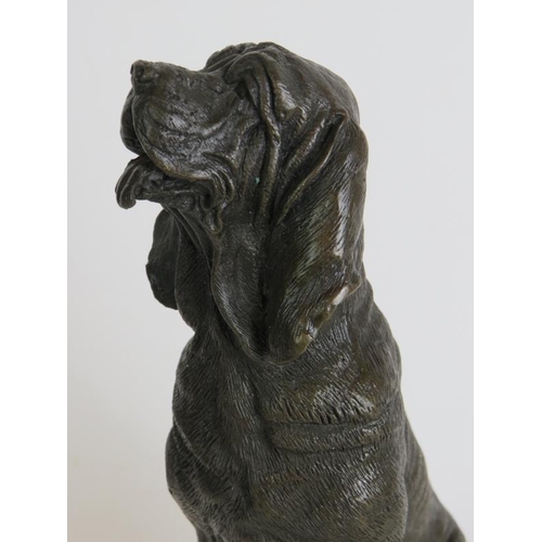 107 - A contemporary bronze figure of a sitting bloodhound dog mounted on a red marble base, signed PJ Men... 