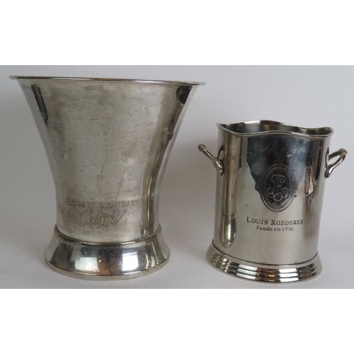 109 - A silver plated Louis Roederer champagne bucket,a Robert Mondavi wine bucket, an antique silver plat... 