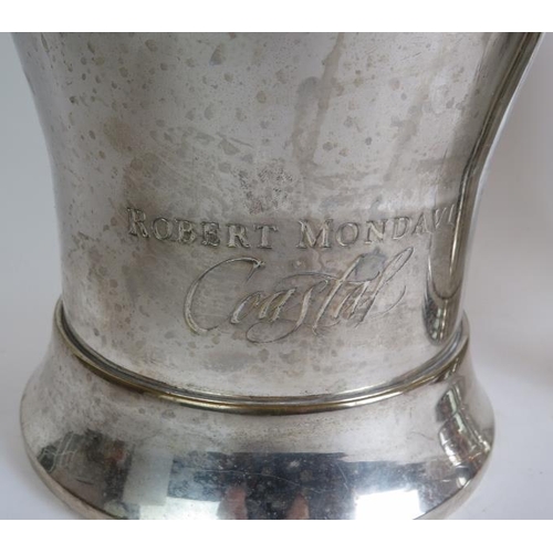 109 - A silver plated Louis Roederer champagne bucket,a Robert Mondavi wine bucket, an antique silver plat... 