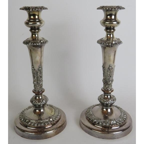 110 - A good pair of 19th Century Sheraton style silver plated two branch candelabra with engraved tiger c... 