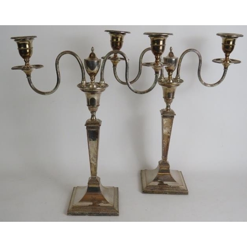 110 - A good pair of 19th Century Sheraton style silver plated two branch candelabra with engraved tiger c... 