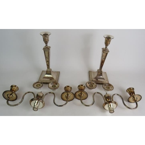 110 - A good pair of 19th Century Sheraton style silver plated two branch candelabra with engraved tiger c... 