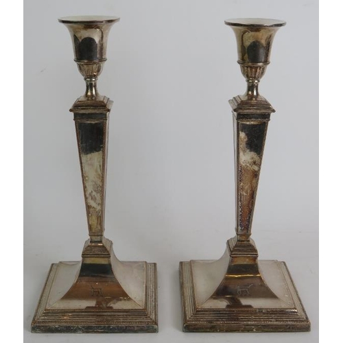 110 - A good pair of 19th Century Sheraton style silver plated two branch candelabra with engraved tiger c... 