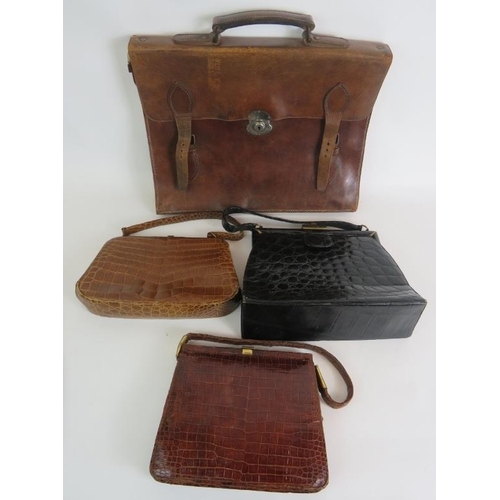 120 - Three vintage leather Mock croc hand bags, a vintage leather briefcase and two pairs of vintage leat... 