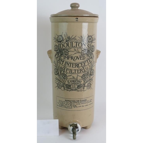 126 - An antique Doulton's Improved Germ Intercepting Filter Stoneware urn with lid and tap. Overall heigh... 