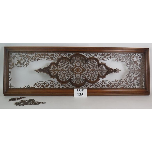 135 - A highly intricate fretwork wooden panel in mahogany frame, 118cm x 40cm.
Condition report: Some bro... 