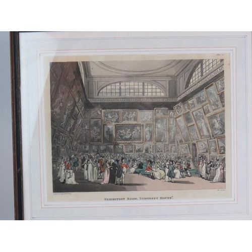 137 - Three 18th Century hand coloured engravings to include The British Institution Pall Mall, The Exhibi... 