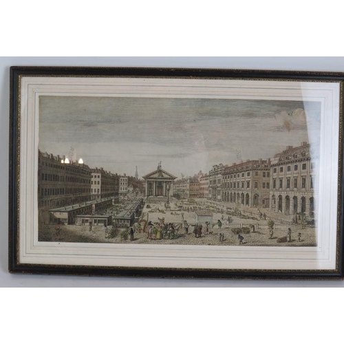 137 - Three 18th Century hand coloured engravings to include The British Institution Pall Mall, The Exhibi... 