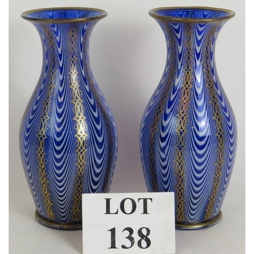 138 - A pair of good quality antique blue and white Venetian style glass vases with gilded decoration and ... 