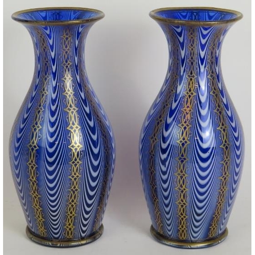 138 - A pair of good quality antique blue and white Venetian style glass vases with gilded decoration and ... 