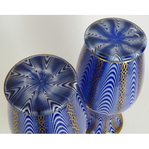 138 - A pair of good quality antique blue and white Venetian style glass vases with gilded decoration and ... 