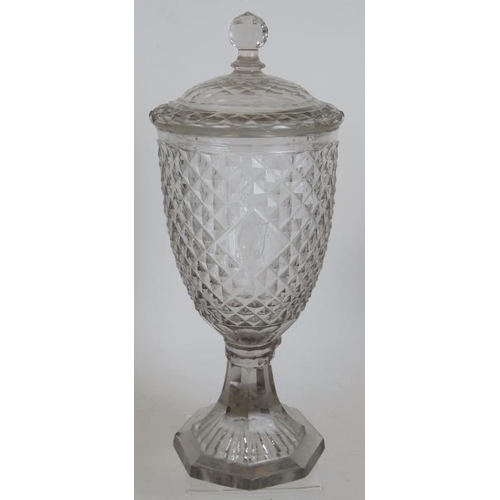 140 - A 19th Century cut glass sweetmeat jar and cover with diamond cut body, facet cut cover and lemon sq... 