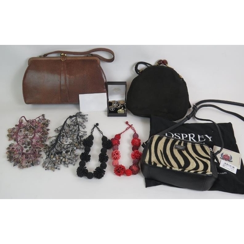 143 - Four beaded necklaces, a box of jewellery, two vintage handbags and an Osprey zebra style pony skin ... 