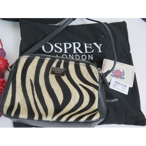 143 - Four beaded necklaces, a box of jewellery, two vintage handbags and an Osprey zebra style pony skin ... 