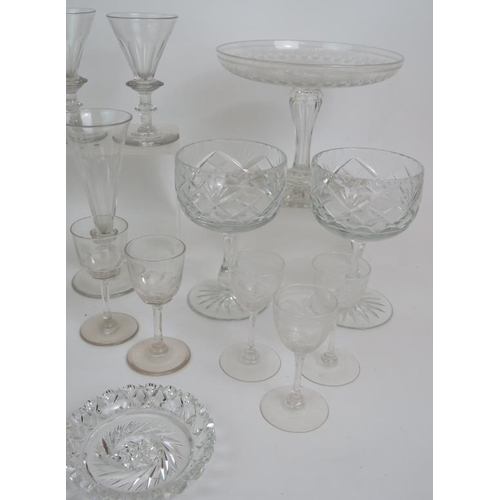 144 - A selection of early 19th to early 20th Century drinking glasses and glassware including two hollow ... 