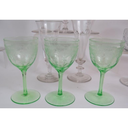 144 - A selection of early 19th to early 20th Century drinking glasses and glassware including two hollow ... 