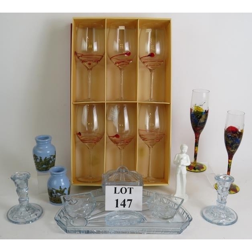 147 - A 7 piece Art Deco glass dressing table set, six Duiske Kilkenny wine glasses, two Pratt ware paste ... 