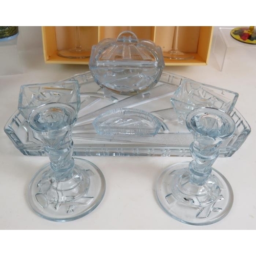 147 - A 7 piece Art Deco glass dressing table set, six Duiske Kilkenny wine glasses, two Pratt ware paste ... 