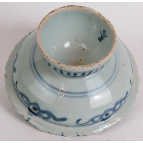 149 - An antique Chinese porcelain pedestal dish with blue and white decoration and single character mark ... 