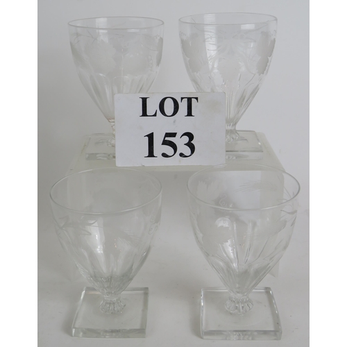 153 - Four 19th Century petal moulded rummer glasses with square feet and engraved with hops and barley. H... 