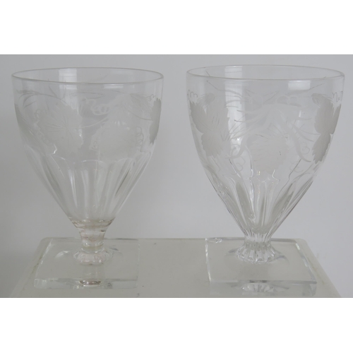 153 - Four 19th Century petal moulded rummer glasses with square feet and engraved with hops and barley. H... 