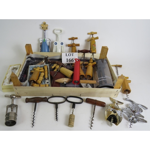 166 - A collection of vintage corkscrews and bottle openers of varying types including a 1960s bamboo hand... 