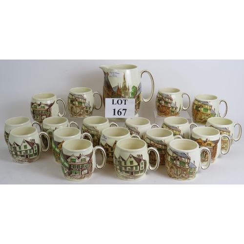 167 - A collection of 18 Kirkham Pottery English Inn beer mugs depicting various Inns plus a large jug dep... 