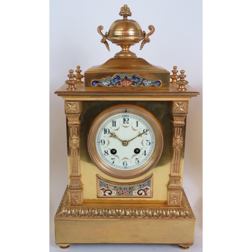 168 - A late 19th Century gilt brass French mantel clock garniture in the Empire style with champlevé enam... 