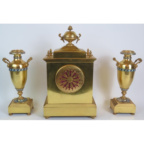 168 - A late 19th Century gilt brass French mantel clock garniture in the Empire style with champlevé enam... 