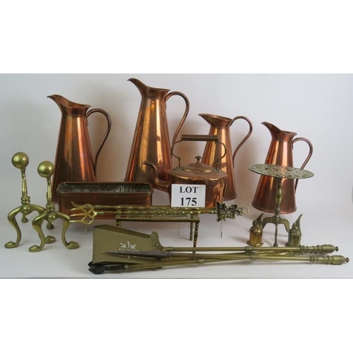 175 - A collection of antique and vintage brass and copper wares including four Joseph Sankey jugs, fire i... 