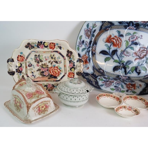 177 - Two large Ironstone meat platters, two covered cheese dishes, a biscuit barrel, lidded tureen and tr... 