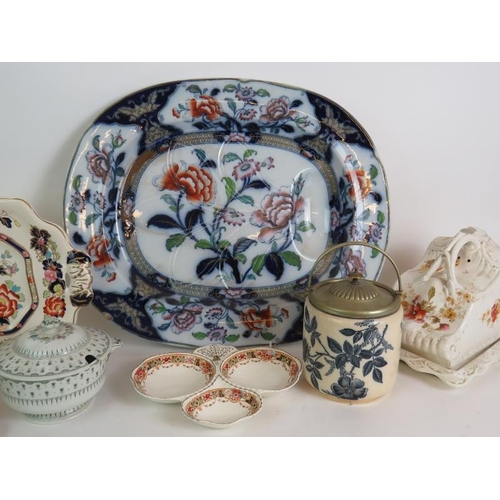 177 - Two large Ironstone meat platters, two covered cheese dishes, a biscuit barrel, lidded tureen and tr... 