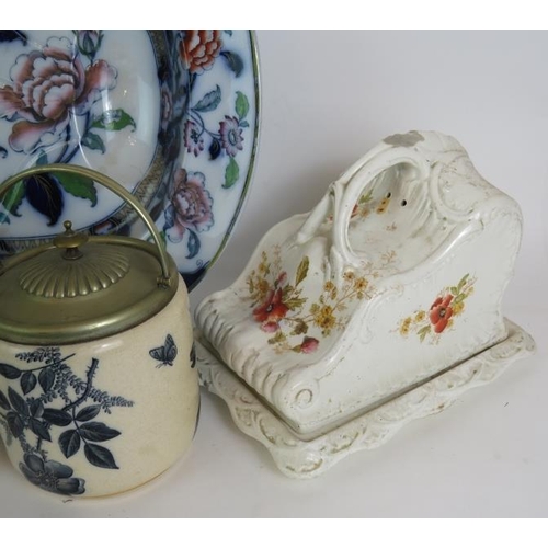 177 - Two large Ironstone meat platters, two covered cheese dishes, a biscuit barrel, lidded tureen and tr... 