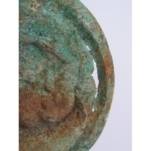 18 - An Etruscan style bronze mirror possible Archaic, formed from an open armed figural handle supportin... 