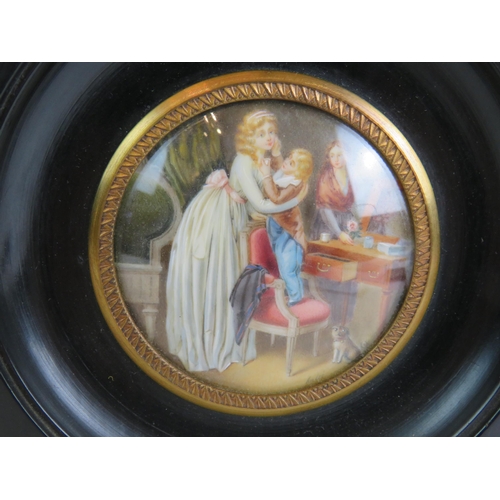 20 - Circular miniature painting, 'interior scene with mother, 2 children, and a small dog', signed, 6.5c... 