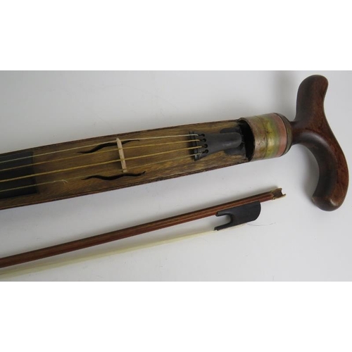 22 - A rare early 20th Century turned maple and spruce violin walking stick fiddle with secreted bow, wat... 