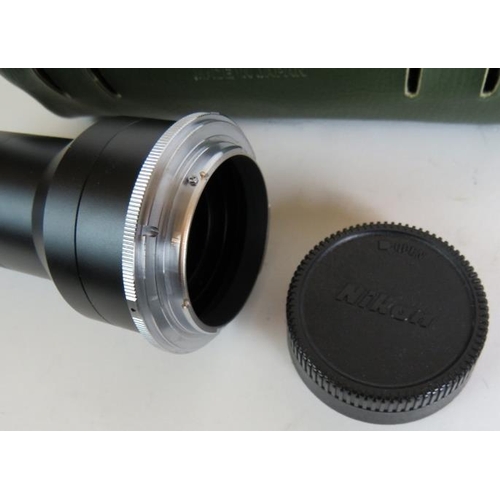 222 - A Nikon spotting scope with 20x eyepiece plus a Nikon camera converter (800mm), carry cases and a Ve... 