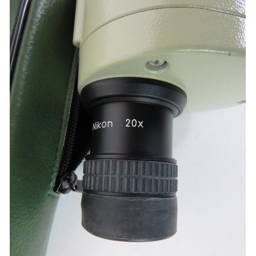 222 - A Nikon spotting scope with 20x eyepiece plus a Nikon camera converter (800mm), carry cases and a Ve... 