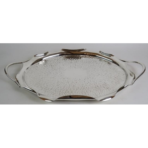 34 - A Hukin and Heath silver plated tray in the style of Dr Christopher Dresser with bark effect surface... 